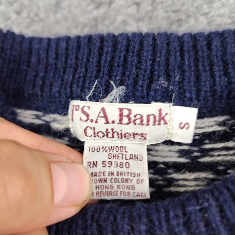VTG Jos A Bank Wool Sweater Mens Small Shetland Fair Isle Blue Birds Eye EUC